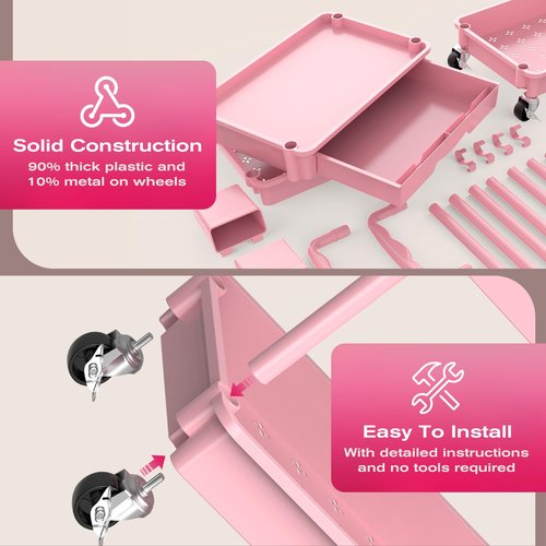Goovilla Rolling Makeup Organizer Cart with Removable Drawer, 3 Tier Stable Pink Floor Skincare Storage Cart for Vanity, Cosmetic Display, Nail Polish, Perfume, Hair Stuff, Beauty, Bathroom(Plastic)