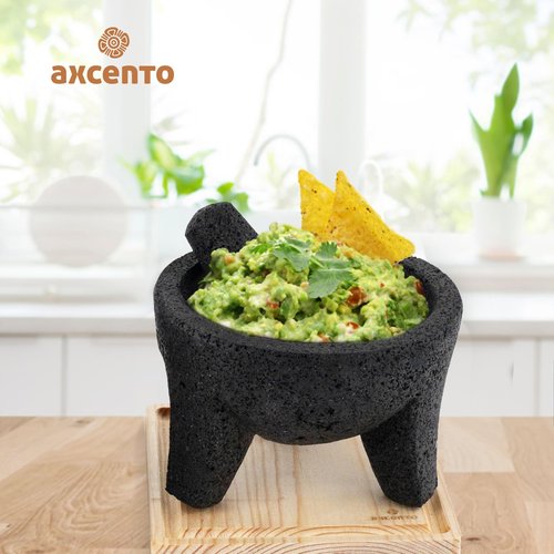 Axcento Molcajete Mexicano 8-Inch Guacamole Bowl with Pestle and Mortar Bowl Set, Volcanic Rock Molcajete, Oven Safe, Handmade in Mexico, Includes Cutting Board and Instructions, 750ml - Black Stone