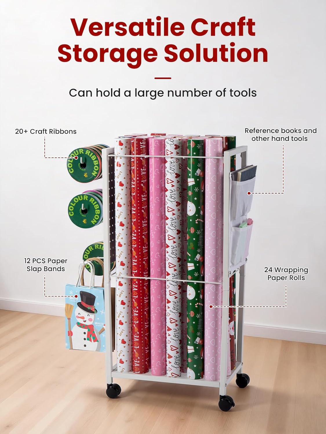 Wrapping Paper Cart - Gift Wrap Organizer with Ribbon Storage | 12 PCS Slap Bracelets Included