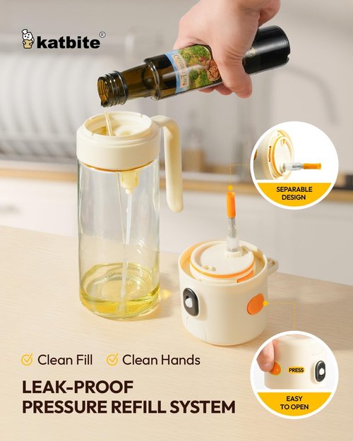 Katbite Olive Oil Dispenser Bottle - 2-in-1 Glass Oil Sprayer with Non-Drip Design | 18.6 oz Cream White