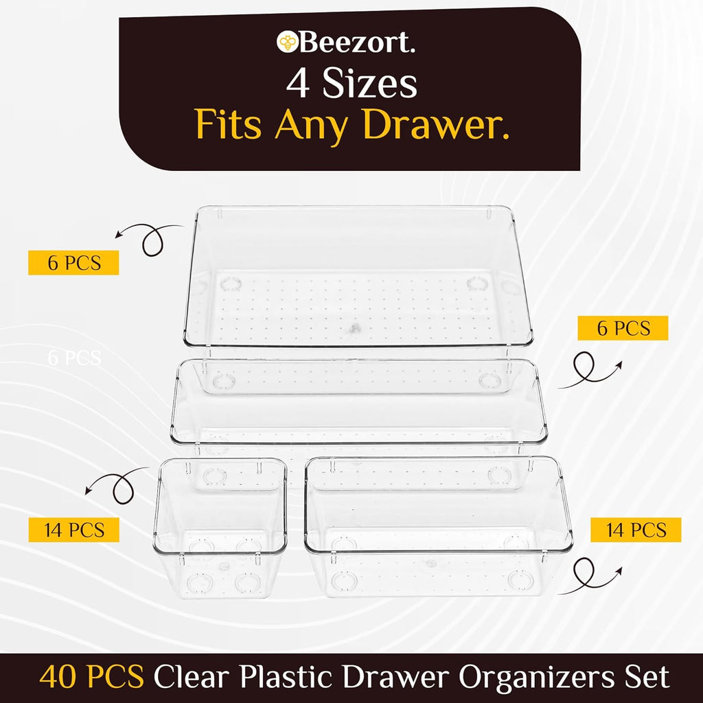 Skiennix 40 PCS Clear Drawer Organizer Set - BPA-Free PET Plastic Trays with Non-Slip Pads | Versatile Storage for Kitchen, Bathroom, and Office