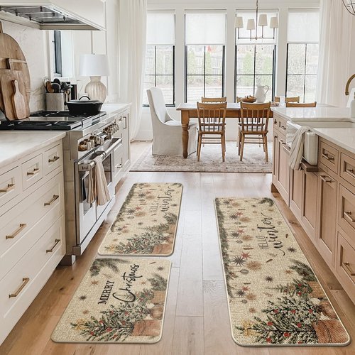 Artoid Mode Holly Ornament Merry Christmas Kitchen Mats Set of 2, Winter Home Decor Low-Profile Kitchen Rugs for Floor - 24"x35"+24"x59"+24"x72"