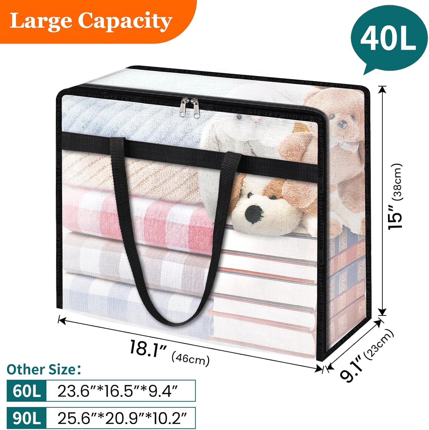 TasticTotes Clear Storage Bags - 6 Pack for Comforters, Clothes & Bedding - Zippered, 40L Capacity