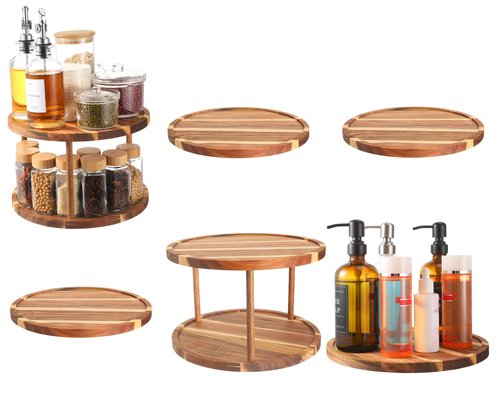 Reallnaive 6 Pcs 11" Acacia Wood Lazy Susan Organizer Set, 2 Tier and 1 Tier Turntable Tray for Cabinet Kitchen Countertop Pantry Table Organization Coffee Bar