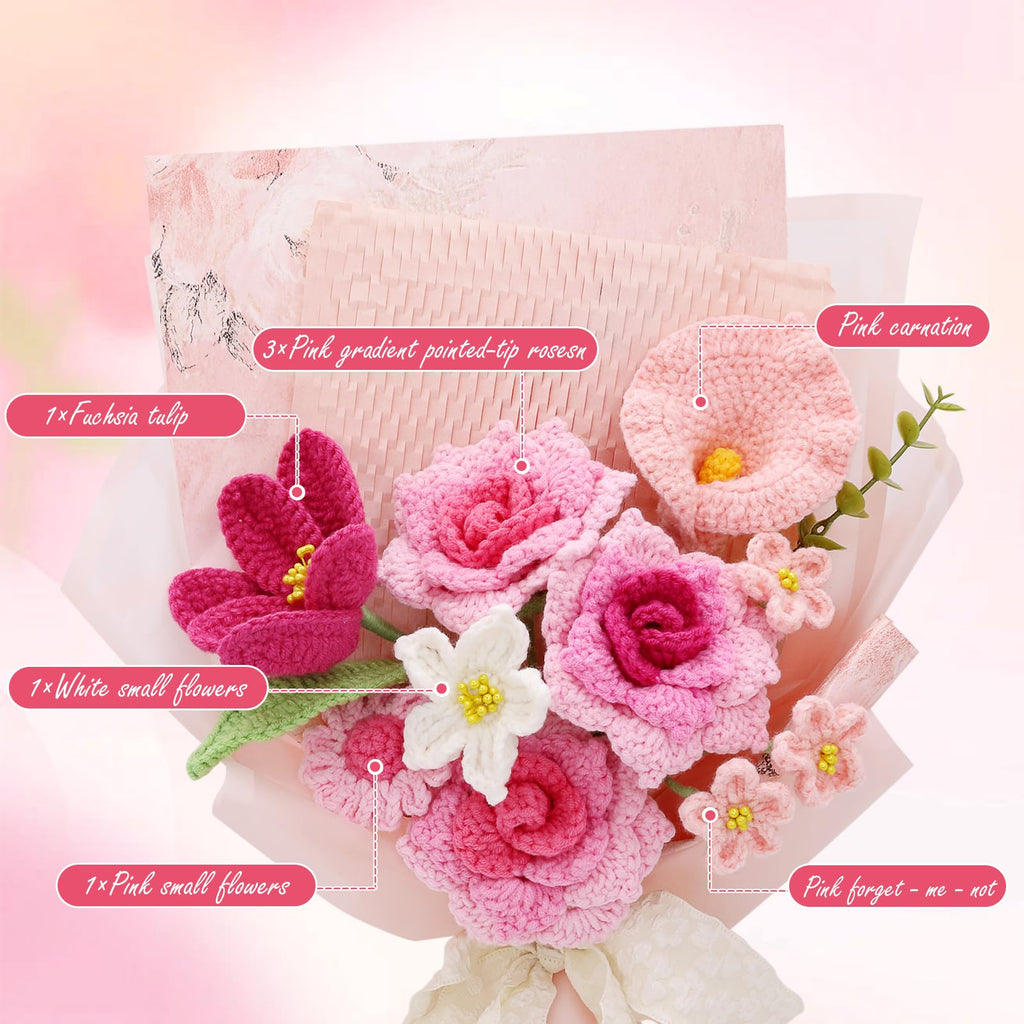 FUCAN Crochet Flowers, Finished Bouquet, Cotton Thread, Handmade, Gift for Lover, Friend, Teacher, Wedding Anniversary, Mixed Flowers, Crochet Bouquet, Artificial Flower (Pink&Red)