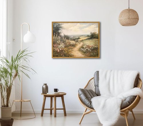 Framed Countryside Landscape Canvas Wall Art - Vintage Wildflower Meadow Print | 16x24 Inch Ready to Hang