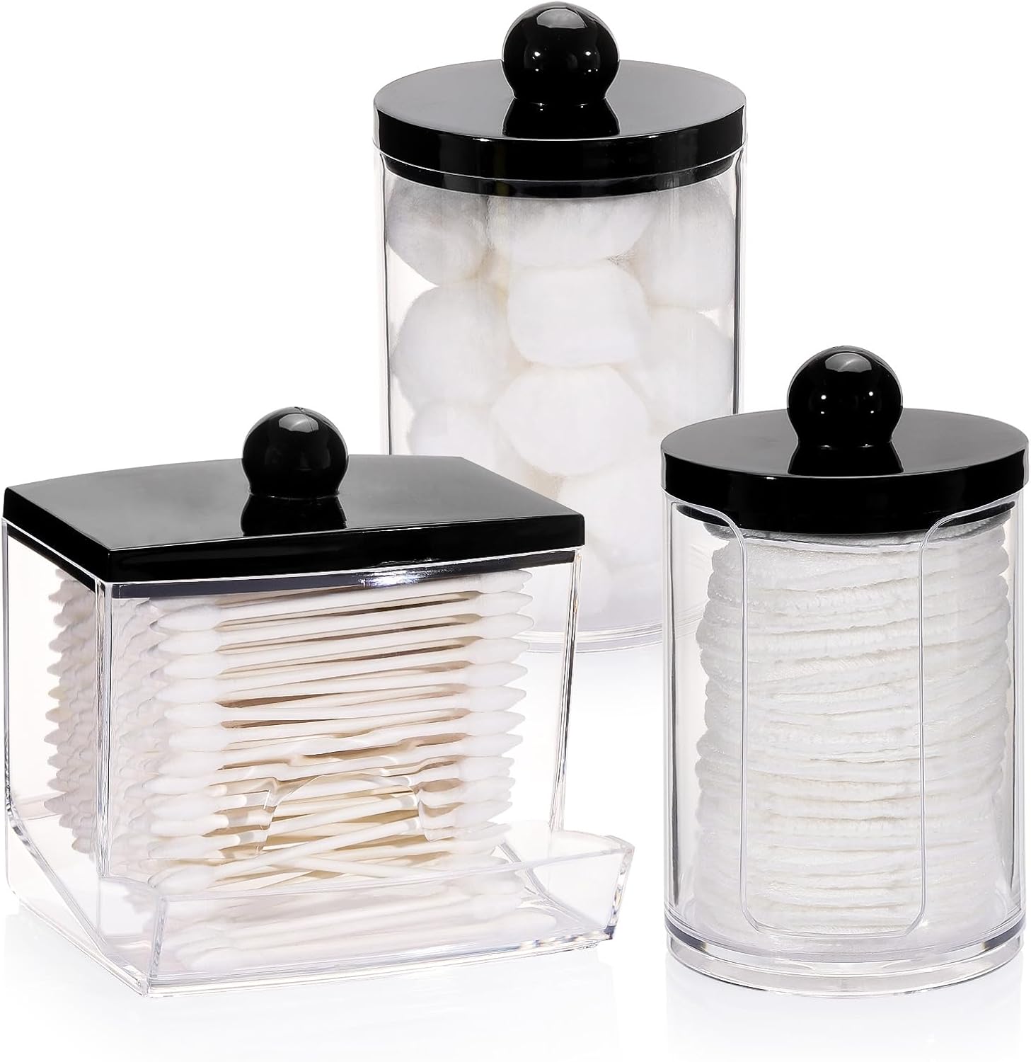Tbestmax Qtip Holder Dispenser - 3 Pack Bathroom Organizer with Black Lids for Cotton Swabs & Pads