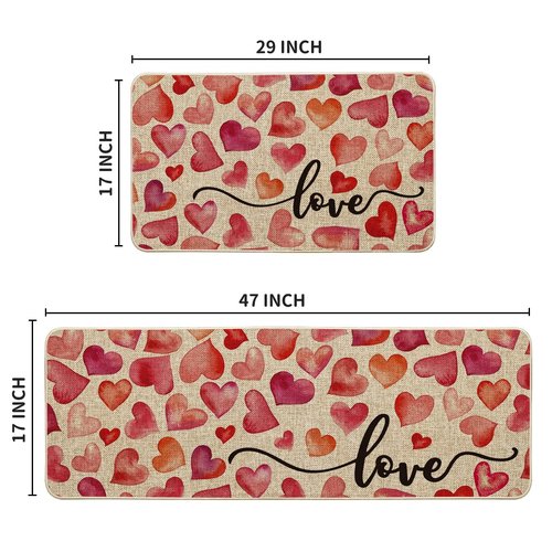 Artoid Mode Love Heart Valentines Kitchen Mats Set of 2, Home Decor Low-Profile Kitchen Rugs for Floor - 17x29 and 17x47 Inch