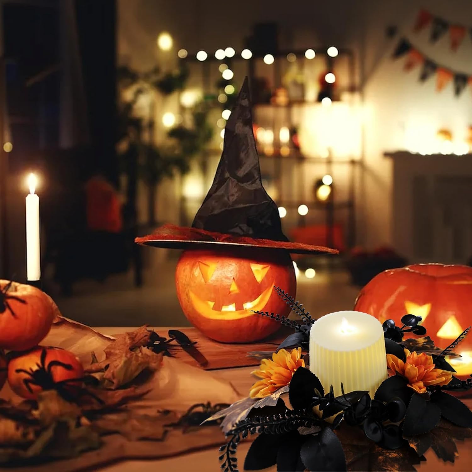 Maple Flower Wreath by Halloween | Artificial Eucalyptus Candle Ring - Gothic Yellow Floral Decor