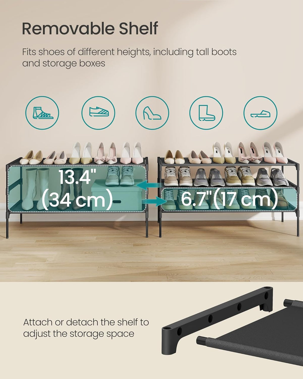 SONGMICS Shoe Rack - 3-Tier Space-Saving Organizer with Metal Frame & Non-Woven Shelves | Ink Black, 11.7 x 36.1 x 21 Inches