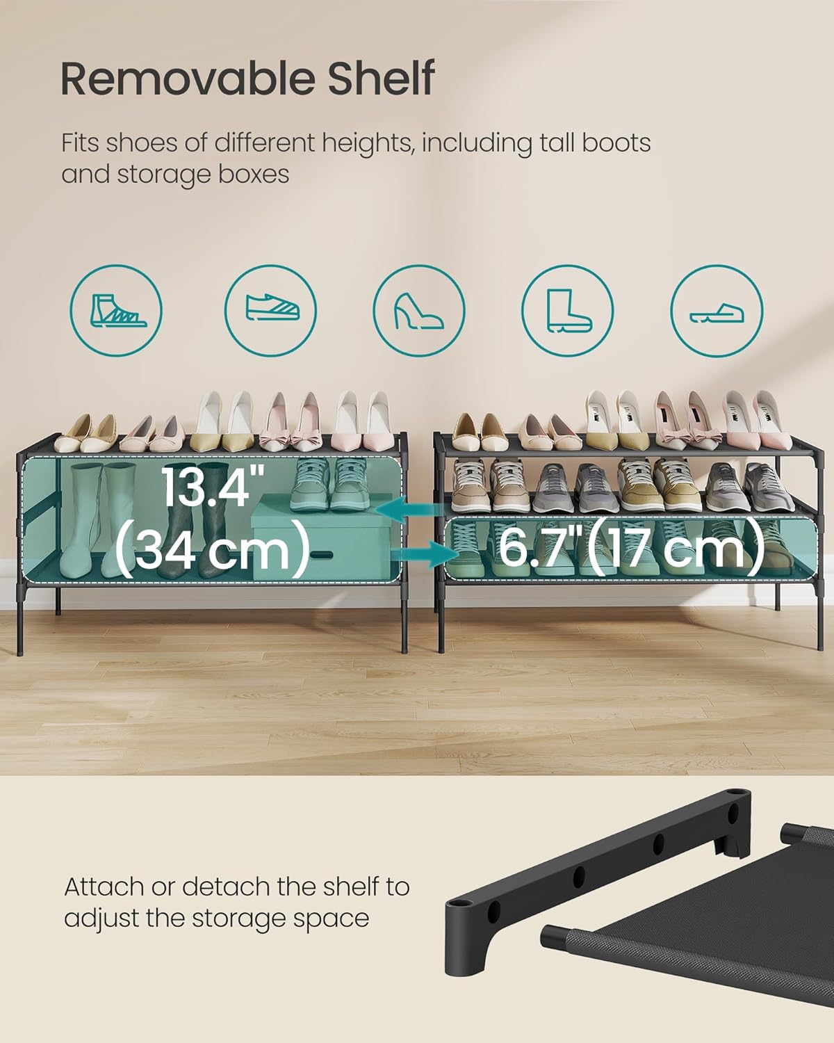 SONGMICS Shoe Rack - 3-Tier Space-Saving Organizer with Metal Frame & Non-Woven Shelves | Ink Black, 11.7 x 36.1 x 21 Inches