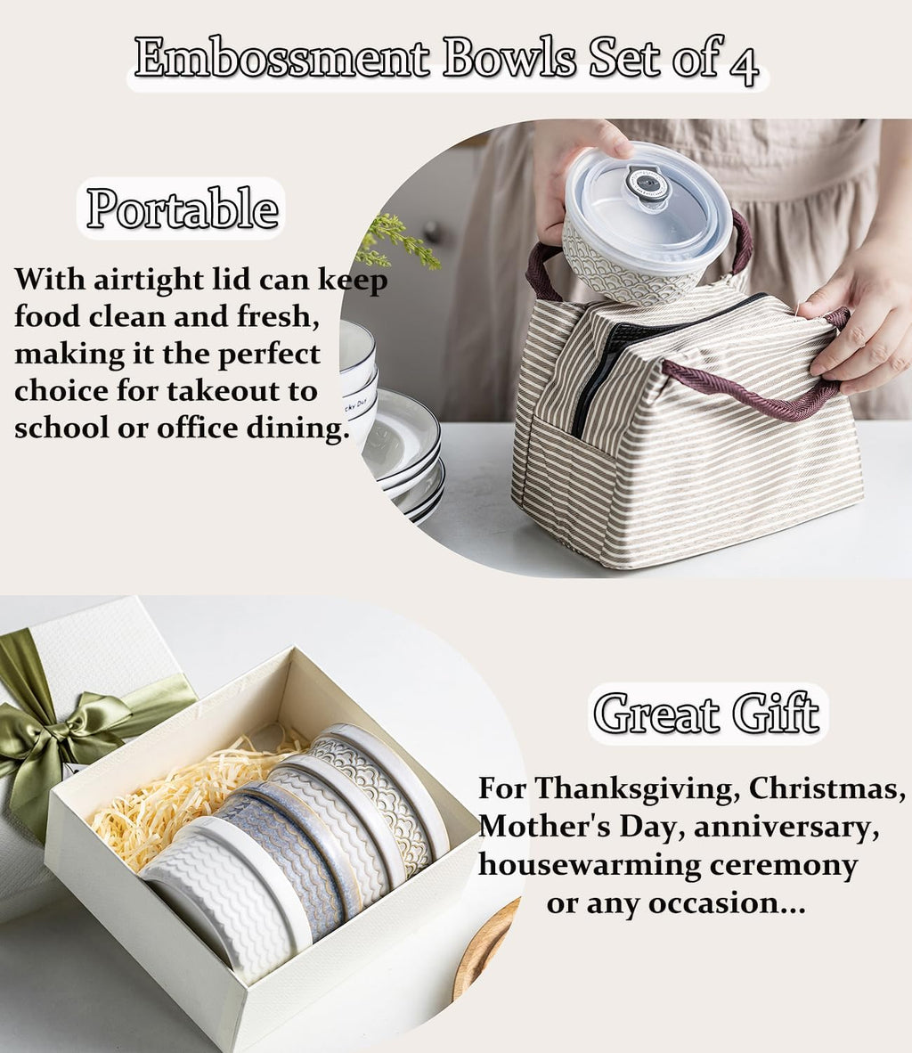 Skiennix Ceramic Baking Dishes - 12oz Meal Prep Containers with Lids | Set of 4 Grey Ripple Ramekins
