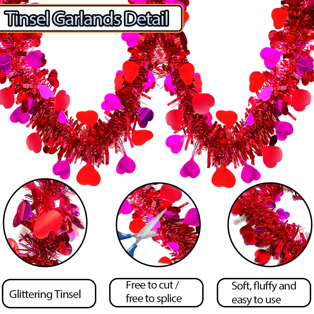 Valentines Tinsel Garland - 33 Ft Rose Red Metallic Heart Shape Valentine's Day Garland Atmosphere Setup for The Confession Scene Tinsel Hanging Twist Hanging Decorations for Party Holiday Supplies