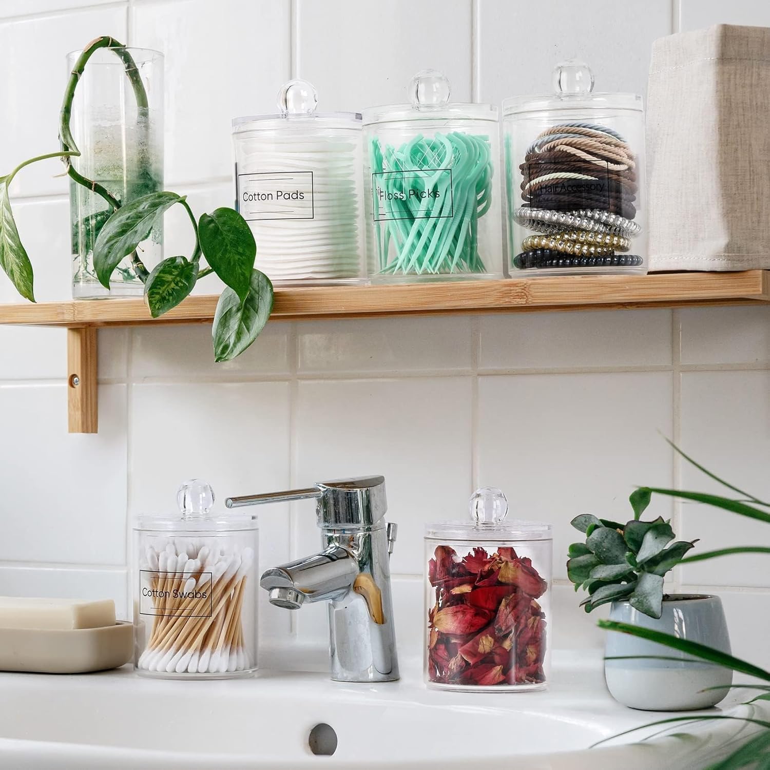 Skiennix Acrylic Qtip Holder Dispenser - 4 Pack Clear Canisters for Cotton Swabs & Makeup Storage