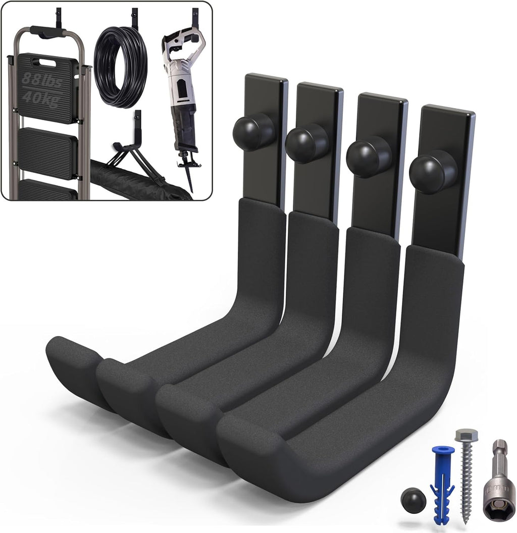 Skiennix Garage Storage Hooks - Heavy Duty Steel Wall Mount Ladder Hangers | 4 Pack, 88lbs Capacity