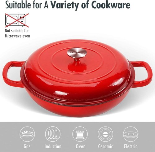 COOKWIN Cast Iron Dutch Oven - 3.8 Quart Enameled Casserole with Lid & Dual Handles - Red
