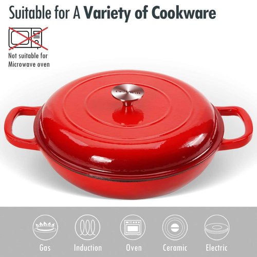 COOKWIN Cast Iron Casserole Braiser, 3.8 Quart Enameled Cast Iron Dutch Oven Pan with Lid, Heavy Duty and Dual Handles Skillet, Oven-Safe Porcelain Surface Casserole Dish, Red