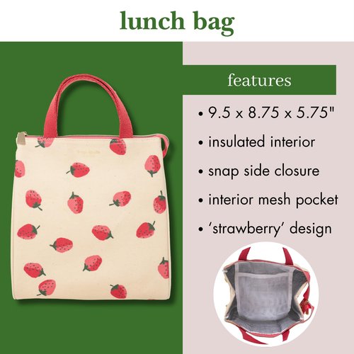 kate spade new york Cute Lunch Bag for Women, Large Capacity Lunch Tote, Adult Lunch Box with Silver Thermal Insulated Interior Lining and Storage Pocket (Strawberries)