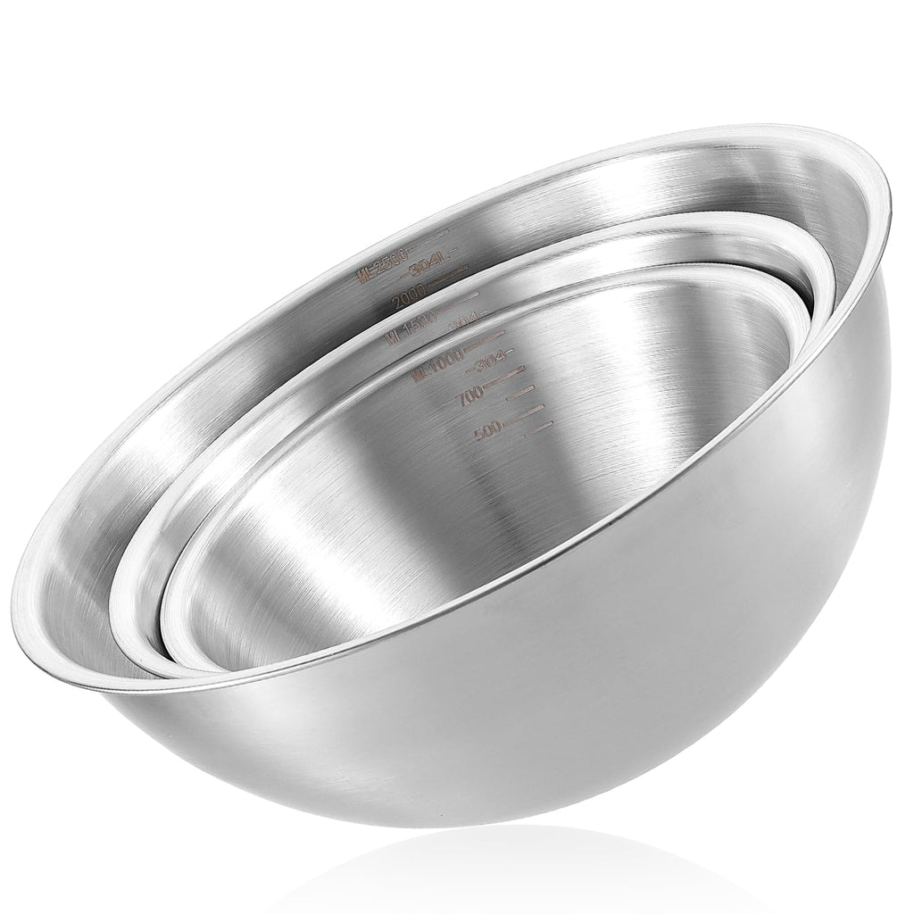 Stainless Steel Mixing Bowls 3 Packs Nesting Baking Supplies Small Thicker Stainless Steel Flat Bottom Stackable Salad Bowl Mixing Bowls Set for Cooking, Baking, Salad,Serving(1000/1500/2000ml)