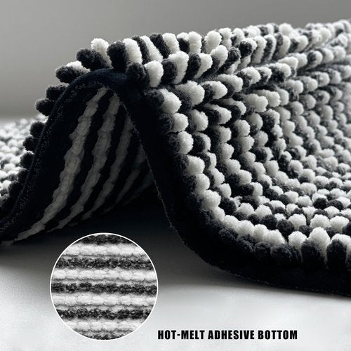 HDFK Bath Mat & Bathroom Rug - Soft Chenille Shower Carpet, Super Absorbent Non-Slip with Odorless Hot Melt Base, Slim Striped Design for Bathtub Floors Machin Washable (24x16 Inch, Black & White)