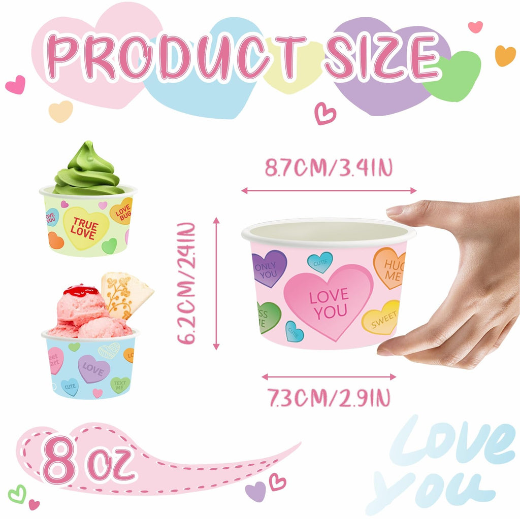 LANCU 60PCS Valentine Paper Ice Cream Cups 8oz Disposable Bowls Conversation Hearts Valentine Treat Snack Cups Pink Bowls for Hot or Cold Food Valentine Party Decor