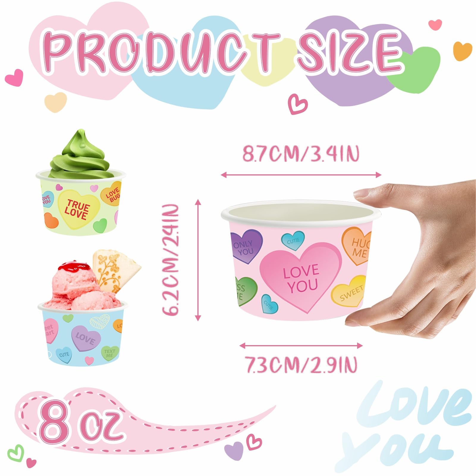 LANCU 60PCS Valentine Paper Ice Cream Cups 8oz Disposable Bowls Conversation Hearts Valentine Treat Snack Cups Pink Bowls for Hot or Cold Food Valentine Party Decor