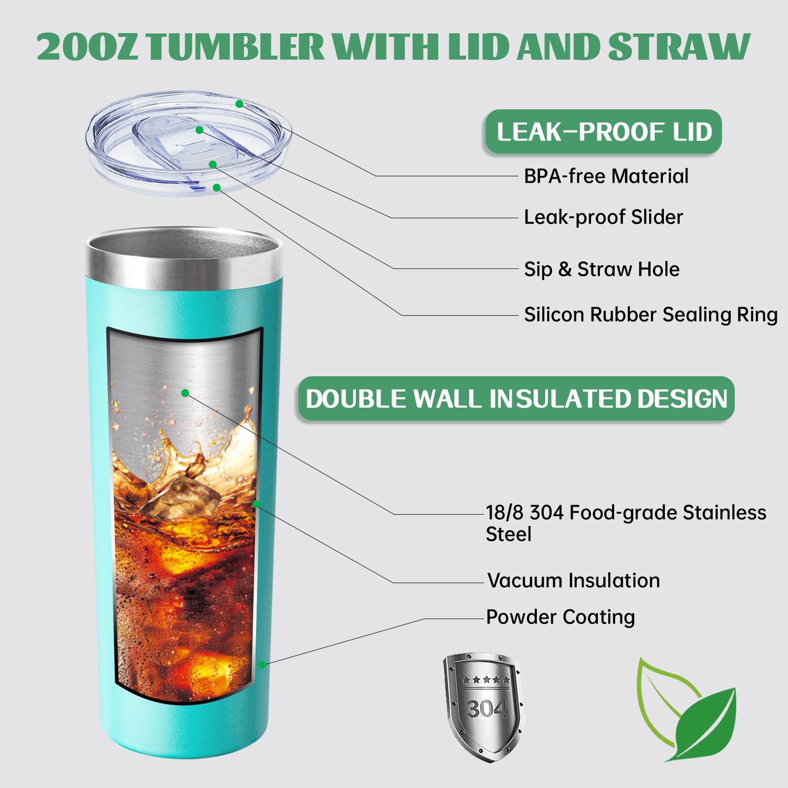 FristChoice 20 oz Skinny Tumbler with Lid and Straw,Stainless Steel Vacuum Insulated Tumbler Cup Double Wall Leak-proof Coffee Mug,Travel Thermal Water Tumbler for Home,Office,Outdoor(Teal,8)