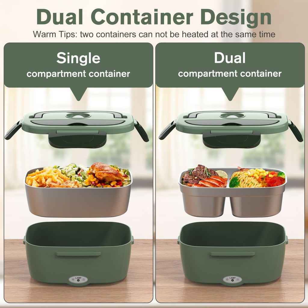 Vabaso Electric Lunch Box for Adults, 80W Heated Lunch Box with Dual 1.5L Stainless Steel Containers, Portable Food Warmer for Men Work Car Truck, 12V/24V/110V/220V