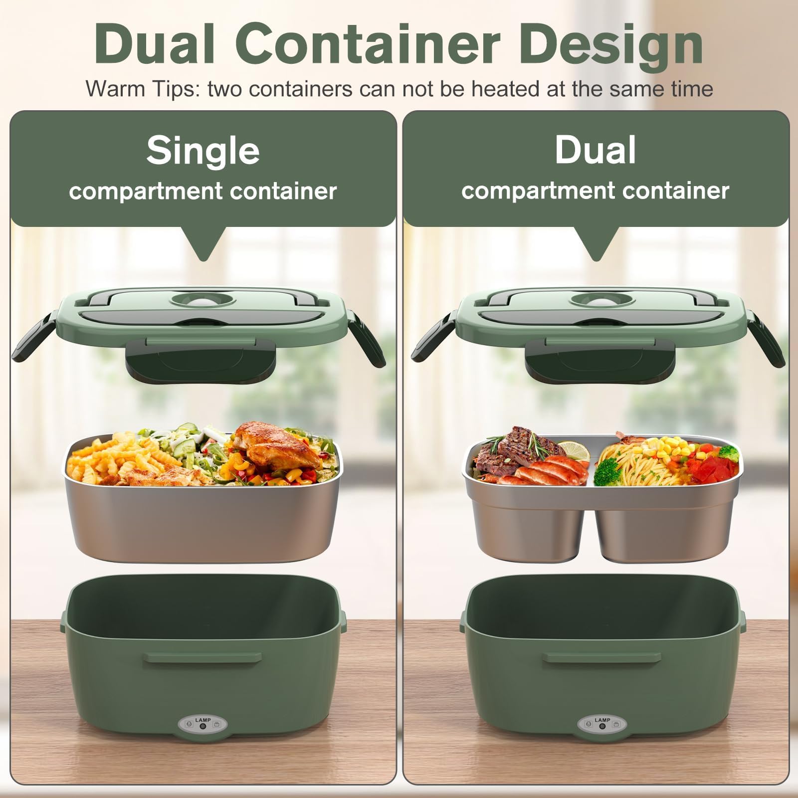 Vabaso Electric Lunch Box for Adults, 80W Heated Lunch Box with Dual 1.5L Stainless Steel Containers, Portable Food Warmer for Men Work Car Truck, 12V/24V/110V/220V