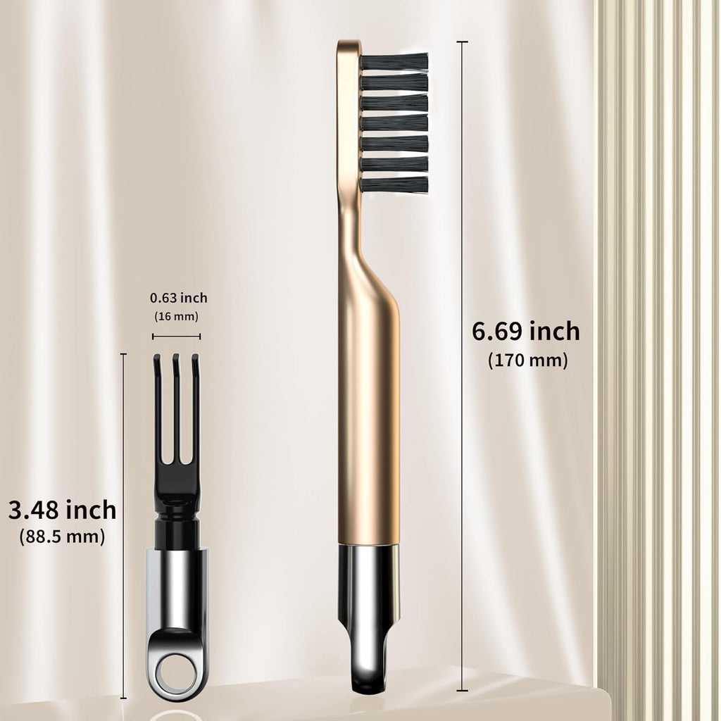Skiennix 2-in-1 Hair Brush Cleaner - Nylon Bristles & 3-Pronged Rake for Easy Tangled Hair Removal - Compact Gold Design