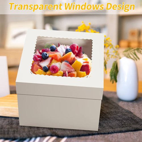 WINKIO 4 Pack Cake Boxes 12 Inch, Disposable Cake Transport Container, Cake Carrier, White Cake Holder with Large Window, for Bakery Cookies Pies Cupcakes Pastry (12×12×6 Inches)