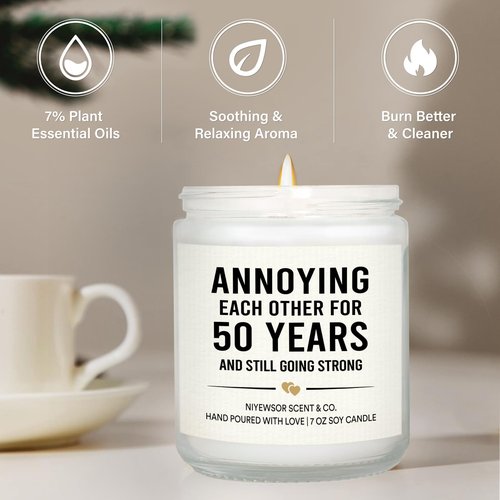 Niyewsor 50th Wedding Anniversary Couple Gifts, 50th Anniversary Candle Gifts for Couple, Parents, Husband, Wife, Him, Her, Friends, Golden Wedding Keepsake, Handmade, 7oz