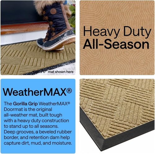 GORILLA GRIP Waterproof All-Season WeatherMAX Doormat - Natural Rubber, Stain & Fade Resistant, 23x35, Beige Diamond