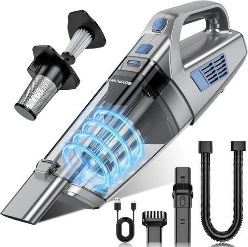 BQYPOWER Cordless Handheld Vacuum - 16000PA Strong Suction, Rechargeable with Accessories for Home & Car