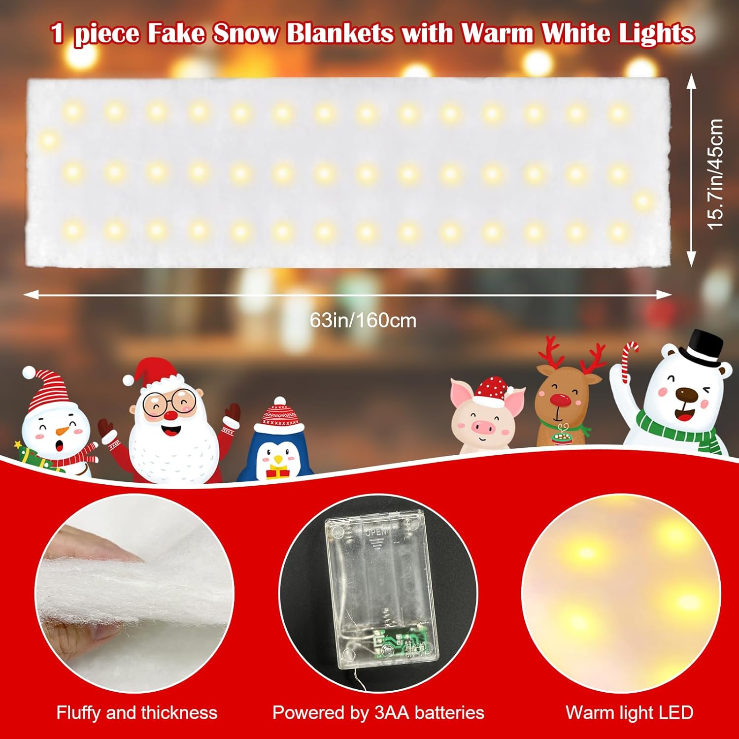Skiennix Christmas Snow Blanket - 1.3x5.25 Ft Faux Snow Roll with 50 LED Lights for Winter Village Display