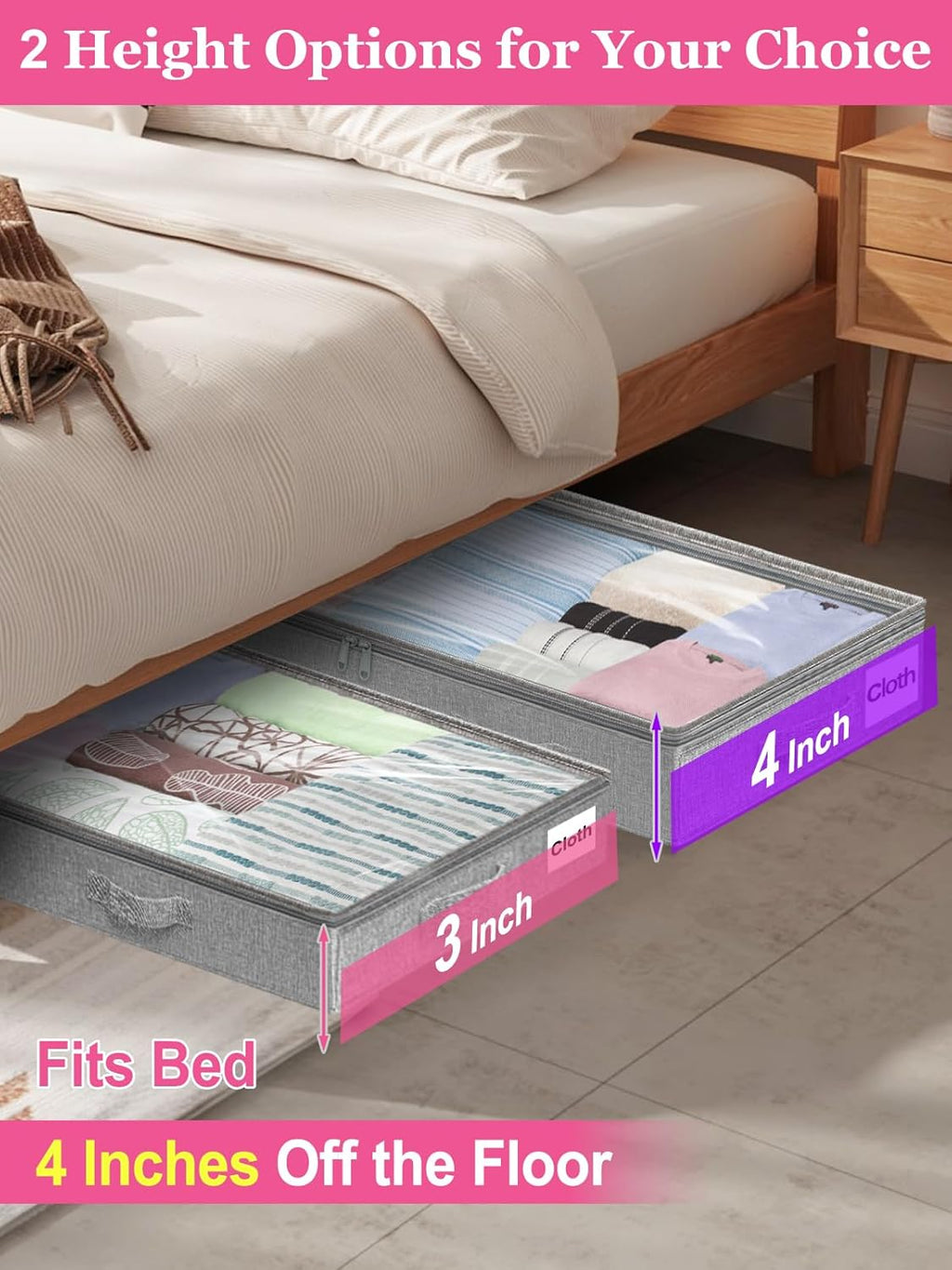 Under Bed Storage Containers by [Brand Name] - Foldable Clothes Organizer with Lid & Zipper | 3-Inch Low Profile, Gray, 2-Pack