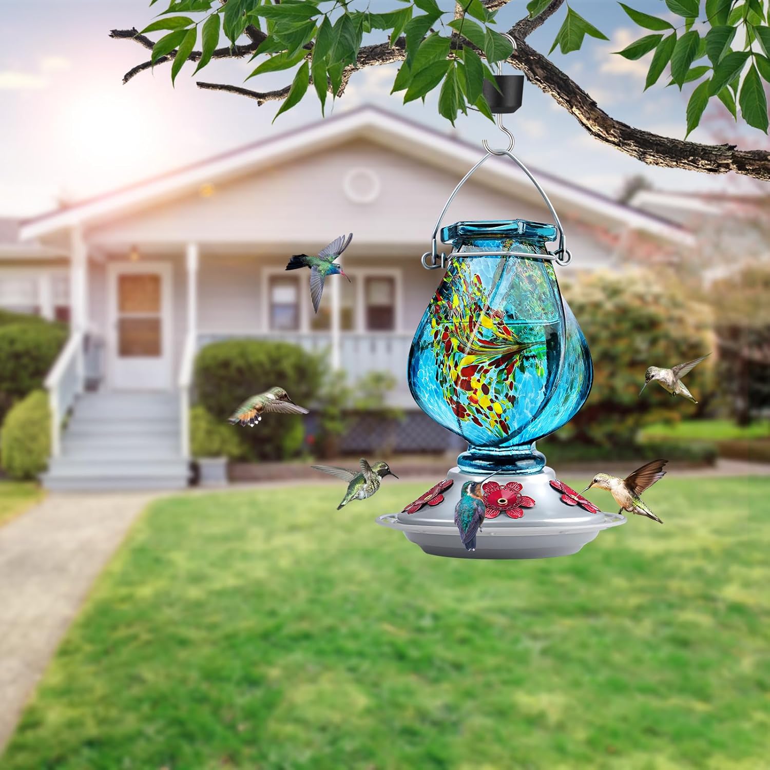 BOLITE Hummingbird Feeder - Hand Blown Glass Design with 5 Bee-Proof Ports | 22oz, Blue, Perfect Outdoor Gift