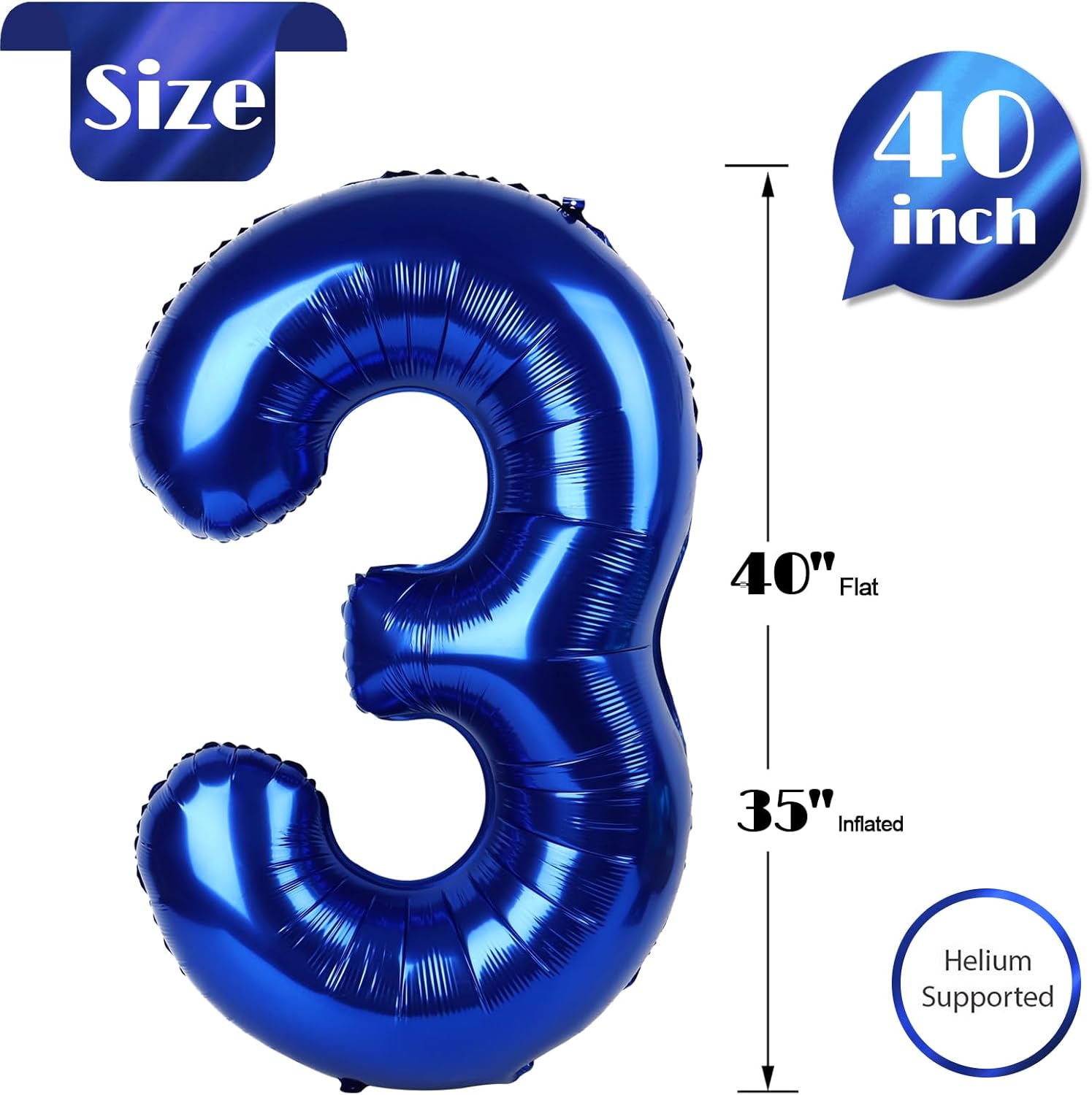 Number 3 Balloon - 40 Inch Night Blue - Perfect for 3rd Birthday Celebrations for All Ages