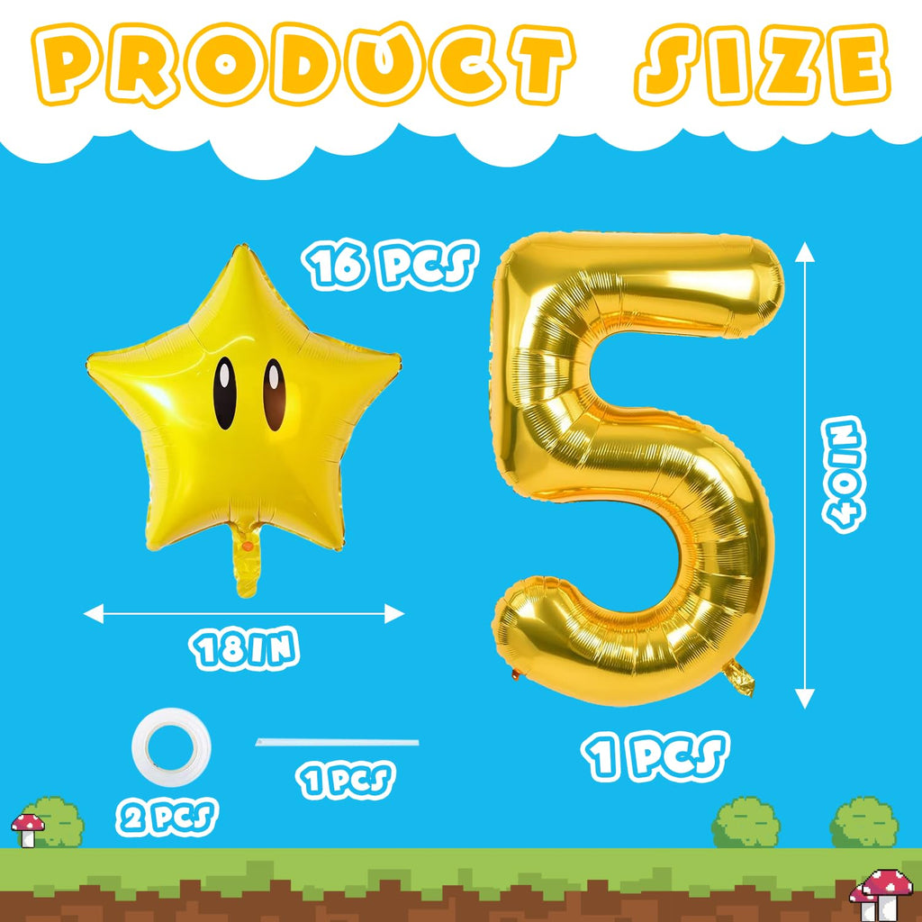 16PCS Foil Star Balloons, 40Inch Number 5 and Star Foil Balloons For Game Theme 5th Birthday Party Decorations Children Party Supply Party Decor （5th）