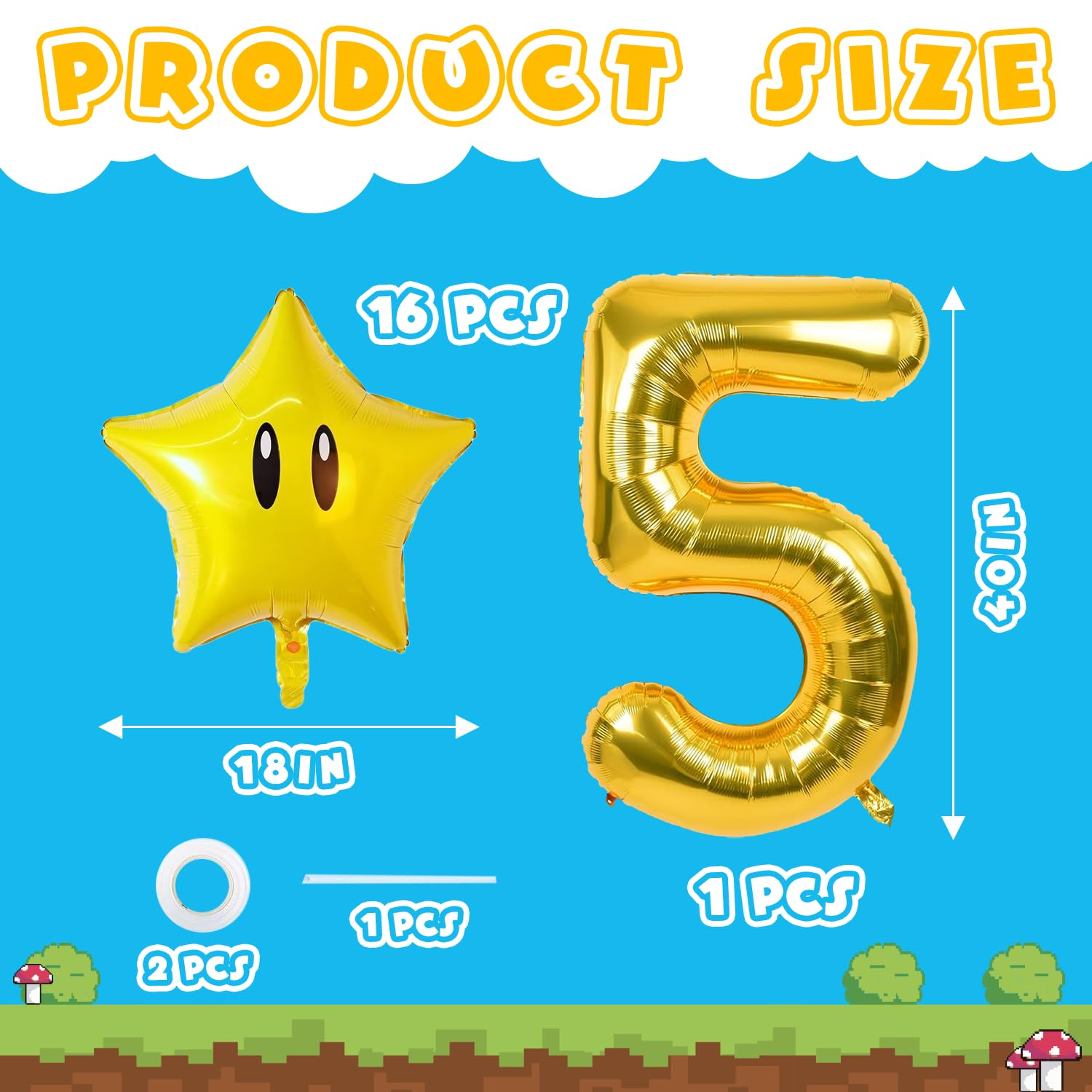 16PCS Foil Star Balloons, 40Inch Number 5 and Star Foil Balloons For Game Theme 5th Birthday Party Decorations Children Party Supply Party Decor （5th）