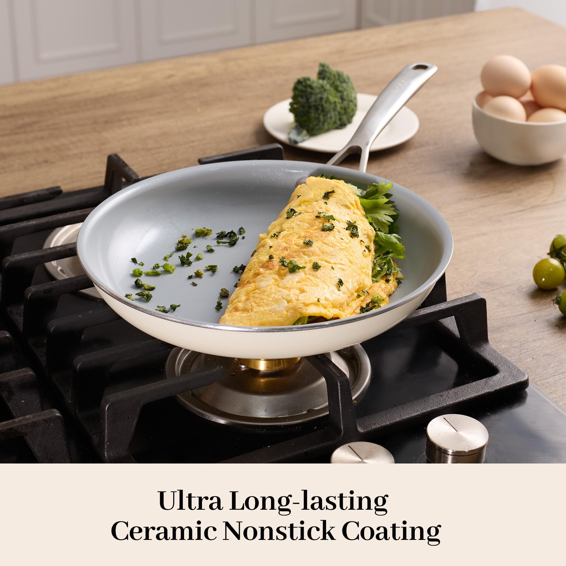 BECIGAR Ceramic Frying Pan Set with Stainless Steel Handle - Perfect Cookware Set for Steak & Non Stick Cooking - Ceramic Pans Set Non Stick Trendy Essential for Young Chefs(Cream White)