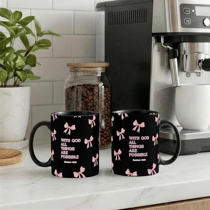 With God All Things Are Possible Christian Coffee Mug - 12oz Ceramic Mug, Black & Pink Variation