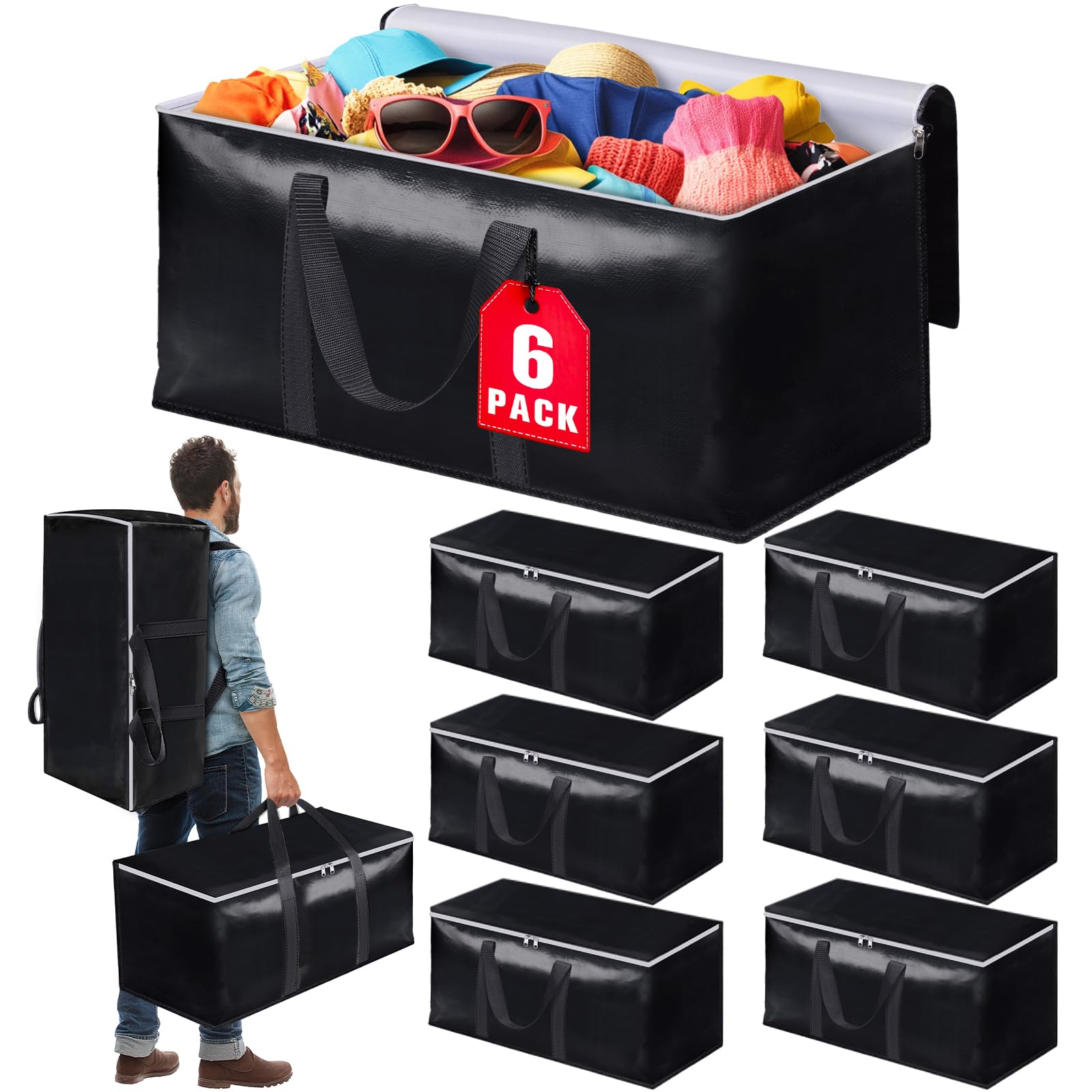 StoreHappily Heavy-Duty & Extra Capacity Moving Bags with Backpack Straps, Storage Totes with Double Zipper & Strong Handles, Packing Bags Alternative to Moving Boxes, Moving Supplies (6 Pack, Black)