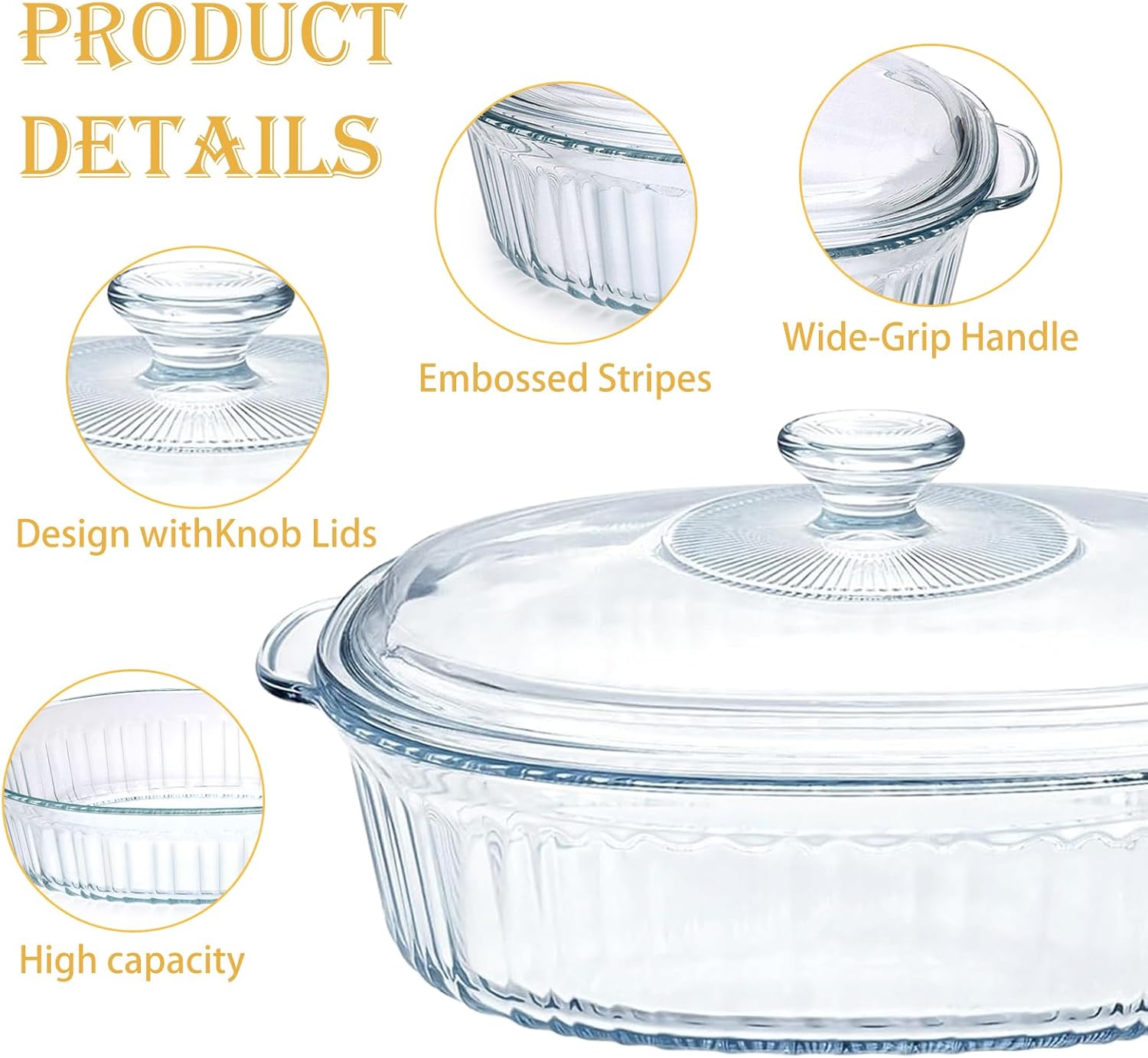Skiennix Glass Casserole Baking Dishes Set - 2 Pack with Lids, 1.9 Qt & 3 Qt for Lasagna & Casseroles
