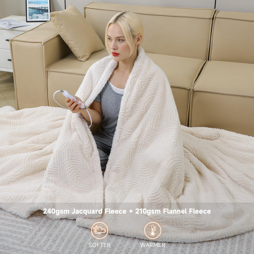 TiMiCalda Heated Throw Blanket Electric - 50"x60" Cozy Soft Jacquard Heating Blanket with 4 Heat Levels & 4 Hours Auto-Off, Electric Throw with Overheating Protection, Warm Gifts, Cream