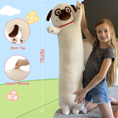MaoGoLan Super Soft Stuffed Dog Pug Plush Pillow 43 inch Long Puppy Stuffed Animal for Girls Kids Body Pillow, Bulldog Stuffed Animal Pug Lovers Gifts Christmas Valentine's Day Halloween