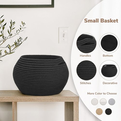 Goodpick Small Rope Storage Basket - Stylish Black Round Basket for Socks, Toys & Towels | 10 x 8.3 Inches