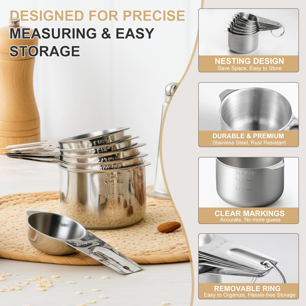 Stainless Steel Measuring Cups & Spoons Set, EWFEN Kitchen Tools Nesting Measuring Cups and Spoons, Fits in Spice Jars for Baking & Cooking, BPA Free, Set of 15 with Leveler, Multicolor