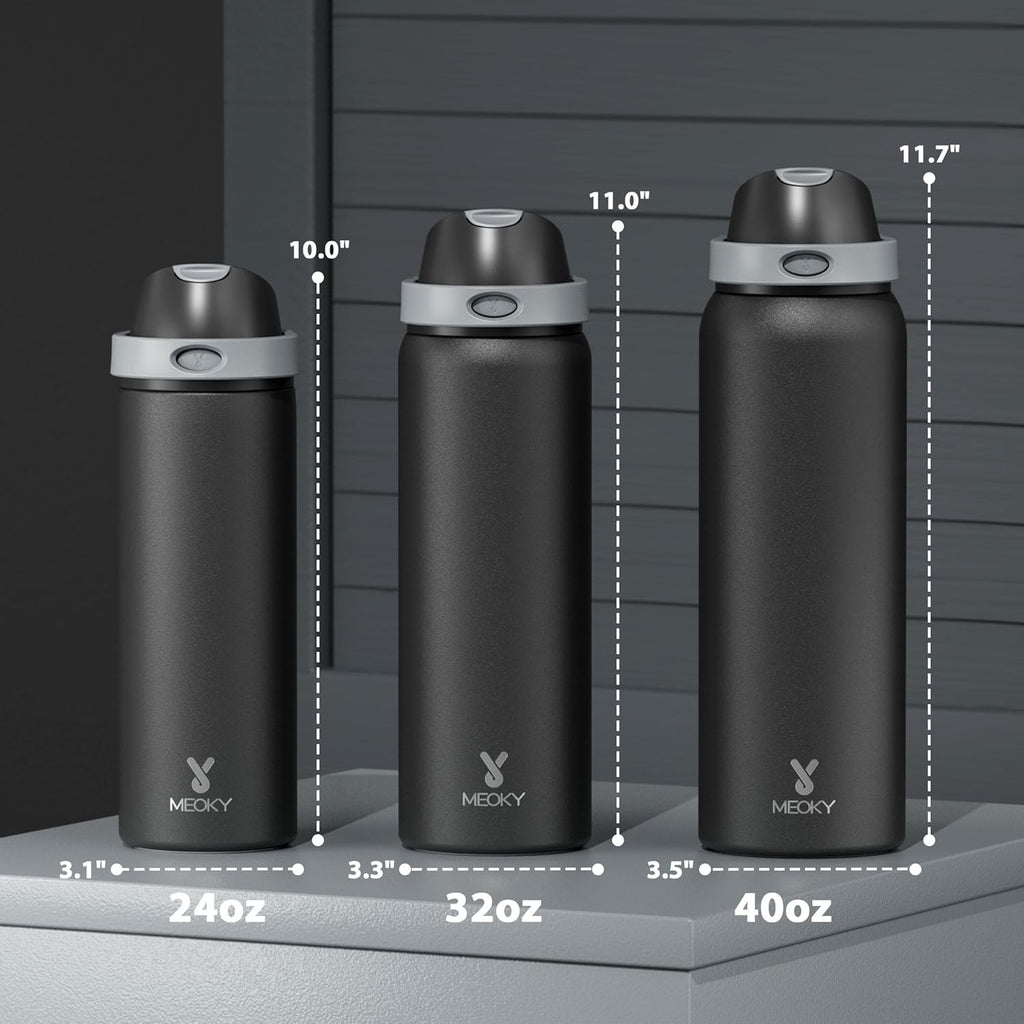 Meoky Stainless Steel Water Bottle - 24 oz Insulated Sports Bottle with 2-in-1 Straw & Spout Lid | Leak Proof, BPA-Free, Fits Car Cup Holder