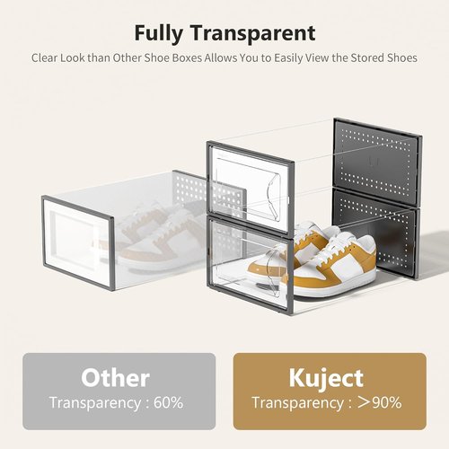 Kuject Shoe Storage Box - Large Crystal Clear Stackable Organizer | Space-Saving 12-Pack Black